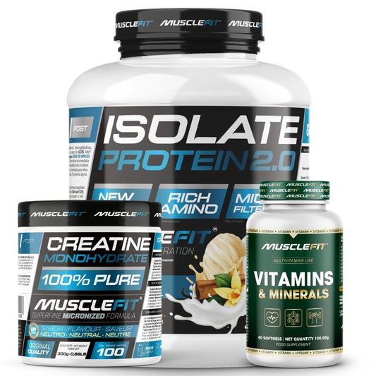 Pack ISOLATE 2kg + Creatina 300g + Multivitaminas 60 cáps - MuscleFit │ Avance Muscular