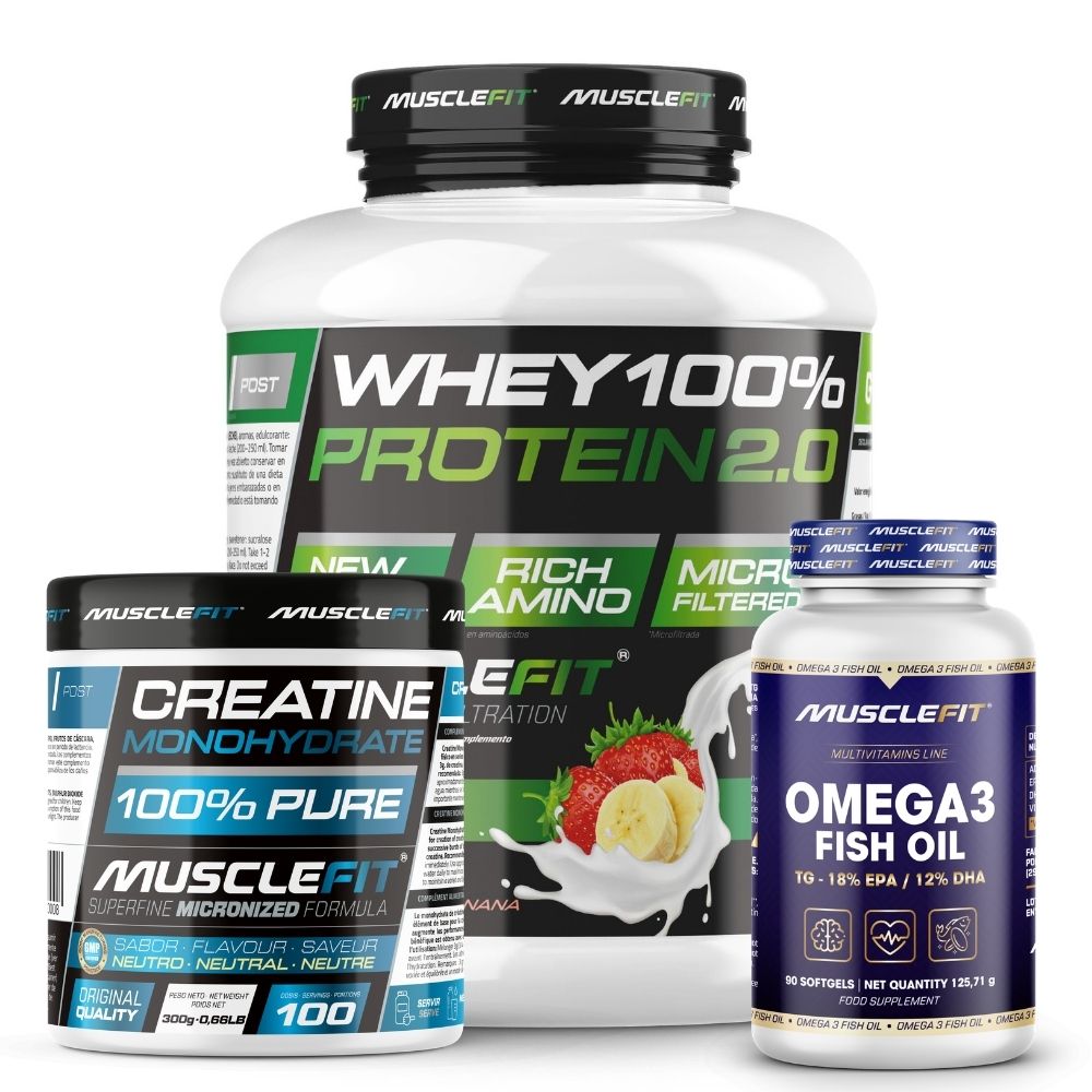 Pack Proteína WHEY 2kg + Creatina 300g + Omega 3 90cáps - Musclefit | Avance Muscular