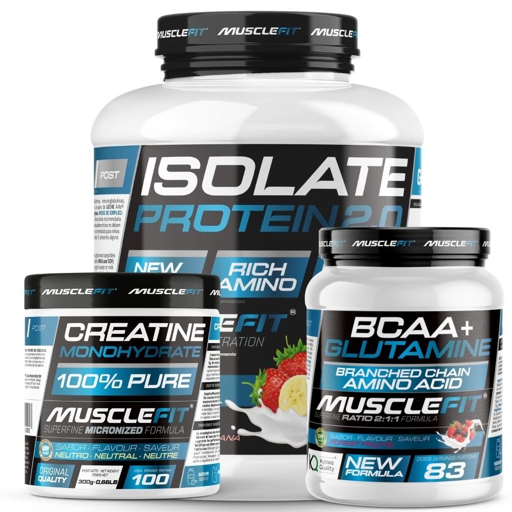 ¡Pack Ahorro! Proteína ISO 2kg + Glutamina + BCAA 500g + Creatina Monohidrato 300g - MuscleFit