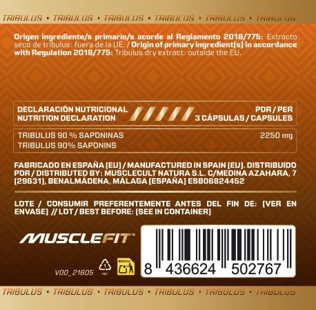 TRIBULUS 90% SAPONINAS - 100 cápsulas - (750 mg por cápsula) - MUSCLEFIT