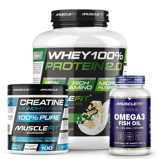 Pack Proteína WHEY 2kg + Creatina 300g + Omega 3 90cáps - Musclefit | Avance Muscular