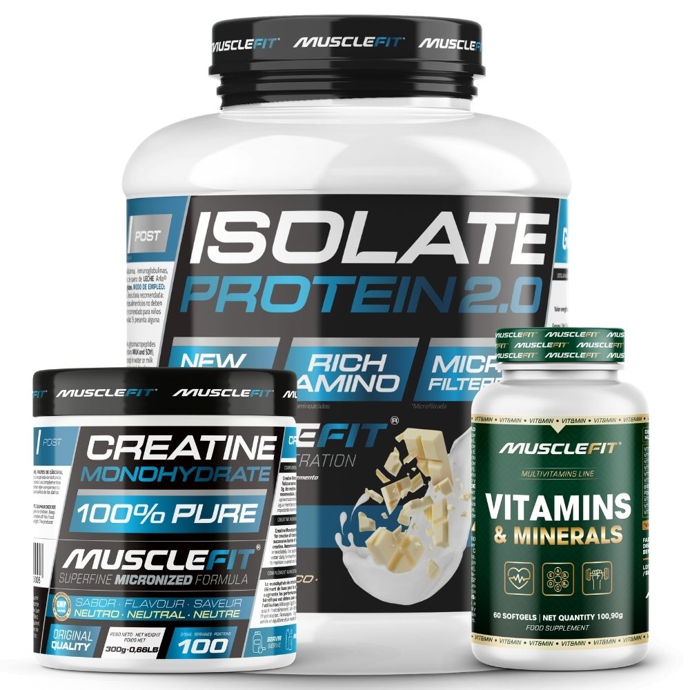Pack ISOLATE 2kg + Creatina 300g + Multivitaminas 60 cáps - MuscleFit │ Avance Muscular