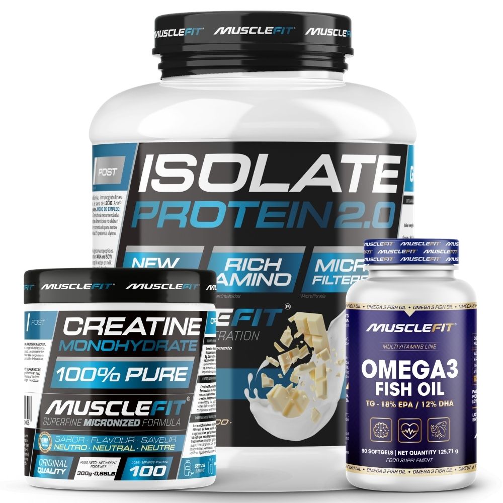 Pack Proteína ISO 2kg + Creatina 300g + Omega 3 90cáps - Musclefit | Avance Muscular