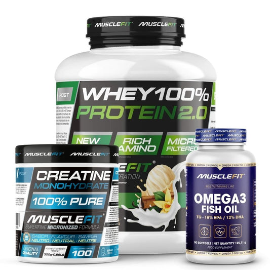 Pack Proteína WHEY 2kg + Creatina 300g + Omega 3 90cáps - Musclefit | Avance Muscular