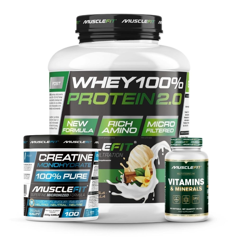 Pack WHEY 2kg + Creatina 300g + Multivitaminas 60 cáps - MuscleFit│Avance Muscular