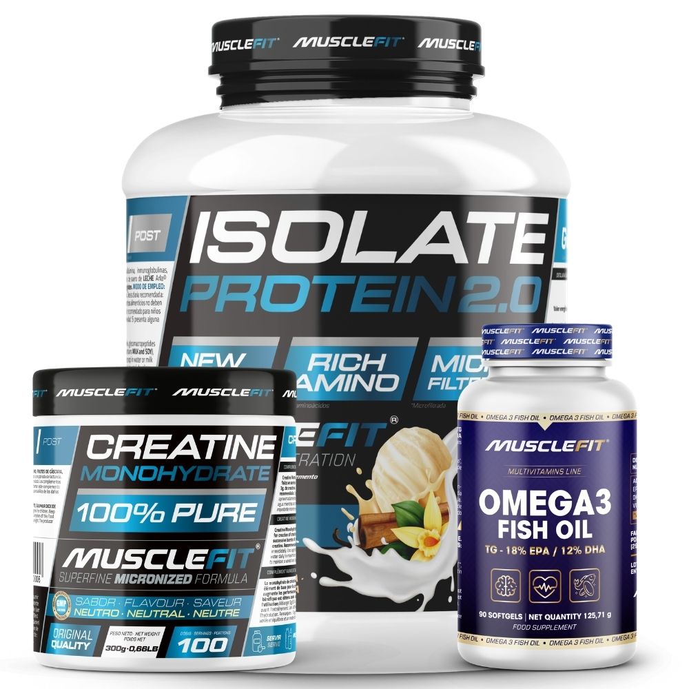 Pack Proteína ISO 2kg + Creatina 300g + Omega 3 90cáps - Musclefit | Avance Muscular