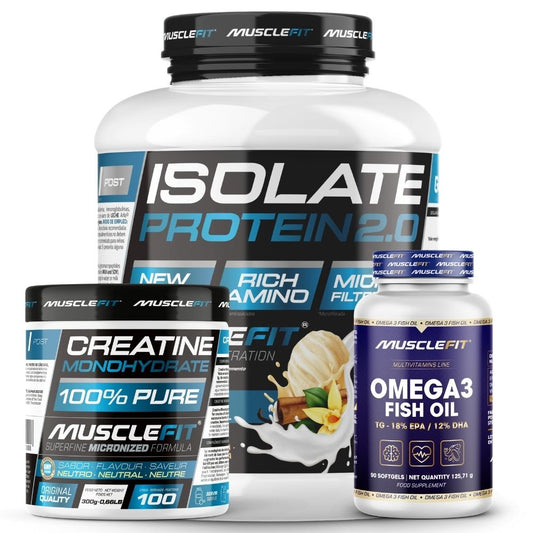 Pack Proteína ISO 2kg + Creatina 300g + Omega 3 90cáps - Musclefit | Avance Muscular