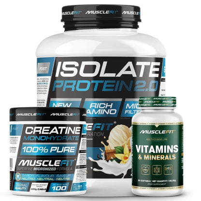 Pack ISOLATE 2kg + Creatina 300g + Multivitaminas 60 cáps - MuscleFit │ Avance Muscular