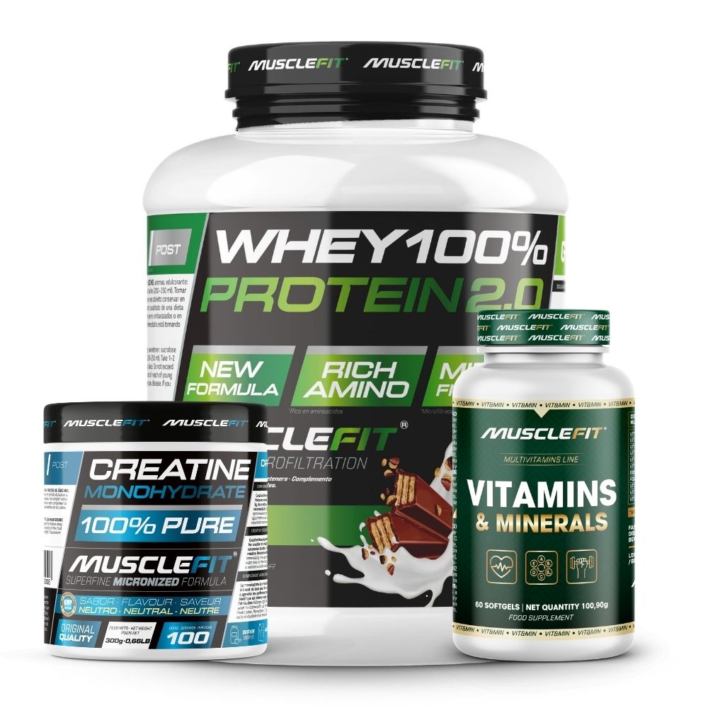 Pack WHEY 2kg + Creatina 300g + Multivitaminas 60 cáps - MuscleFit│Avance Muscular