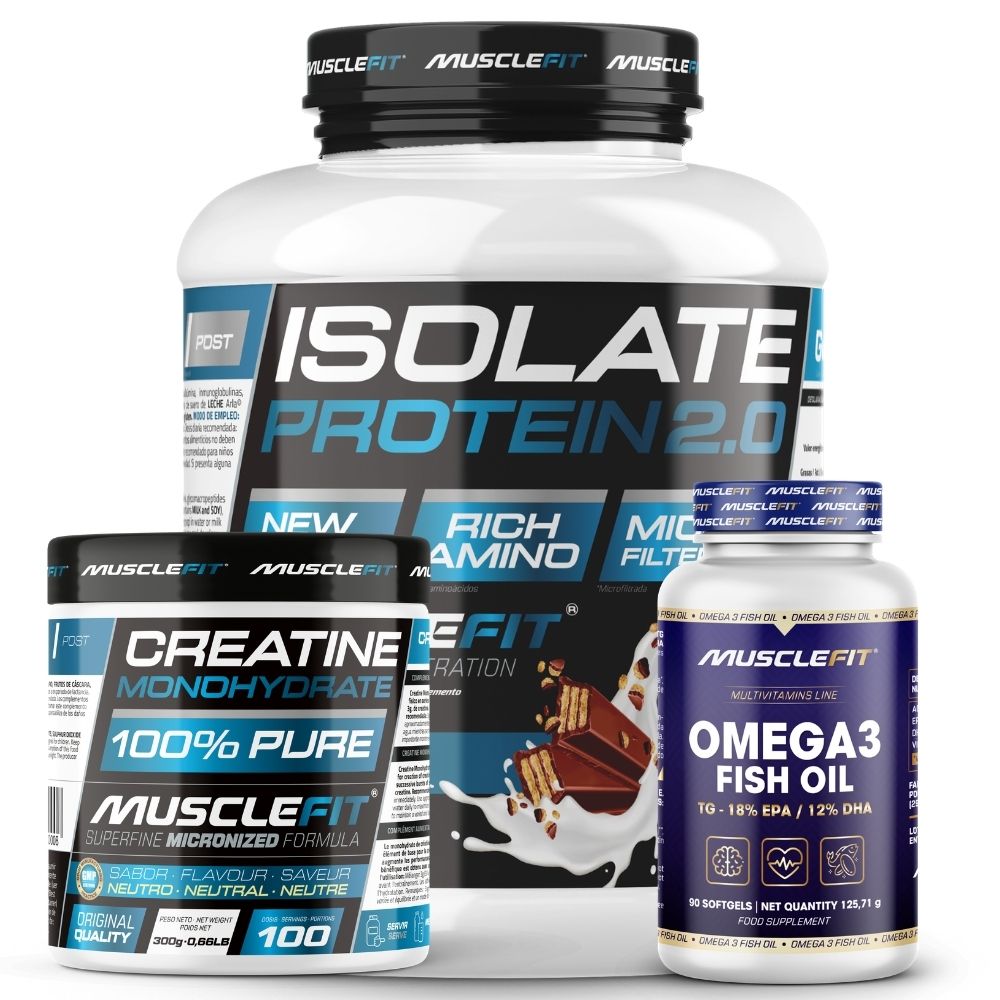 Pack Proteína ISO 2kg + Creatina 300g + Omega 3 90cáps - Musclefit | Avance Muscular