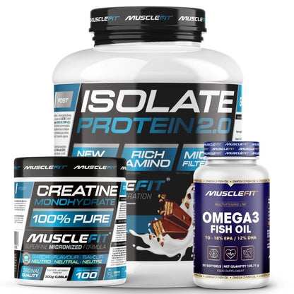 Pack Proteína ISO 2kg + Creatina 300g + Omega 3 90cáps - Musclefit | Avance Muscular