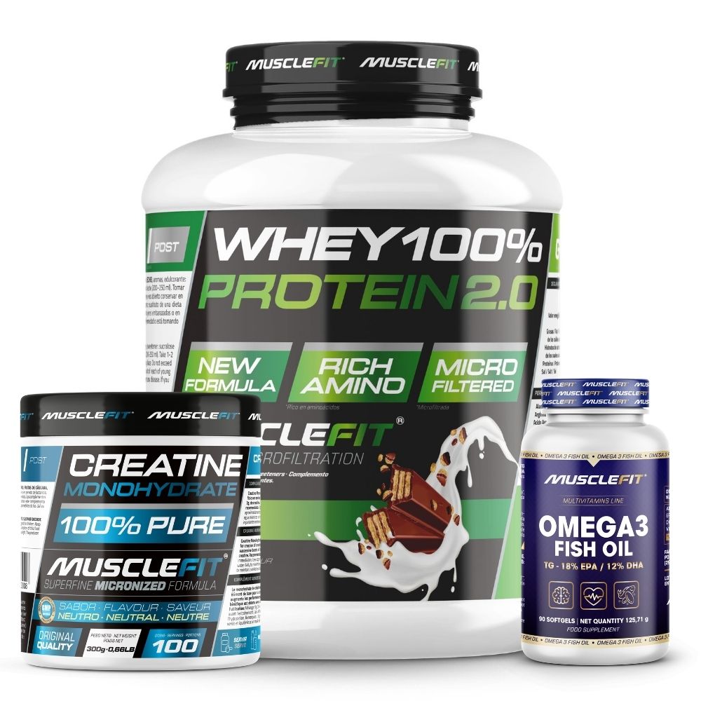 Pack Proteína WHEY 2kg + Creatina 300g + Omega 3 90cáps - Musclefit | Avance Muscular