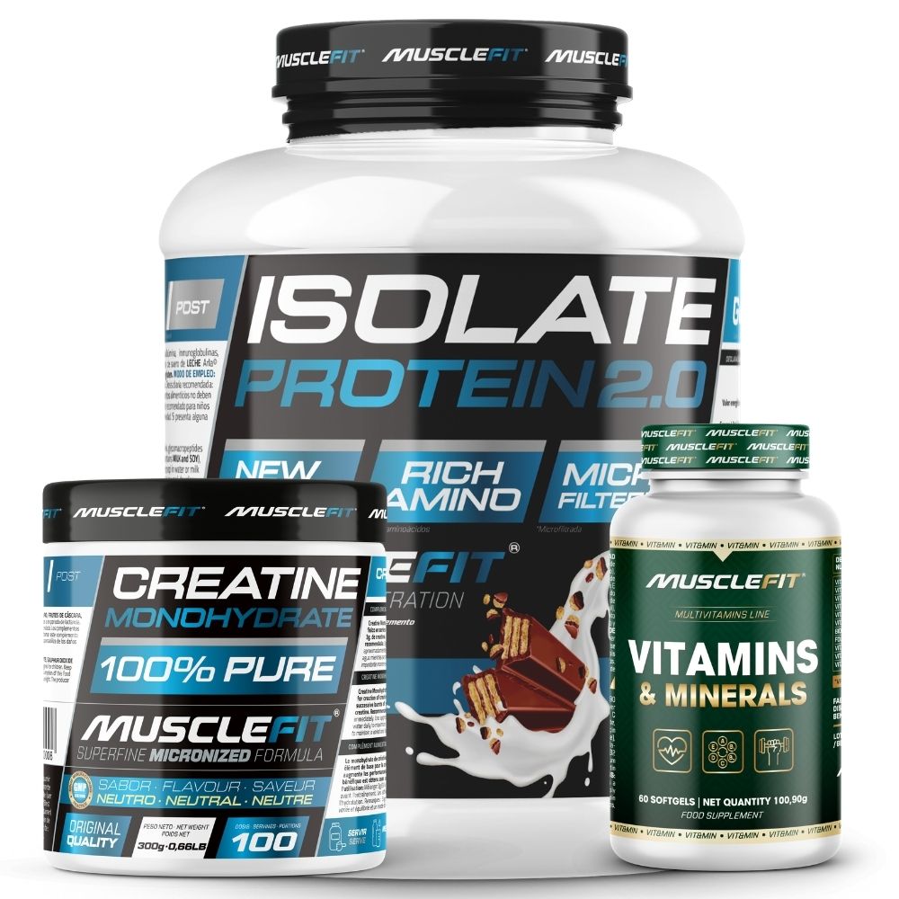 Pack ISOLATE 2kg + Creatina 300g + Multivitaminas 60 cáps - MuscleFit │ Avance Muscular