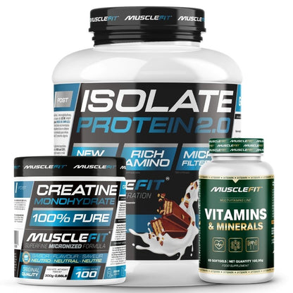 Pack ISOLATE 2kg + Creatina 300g + Multivitaminas 60 cáps - MuscleFit │ Avance Muscular