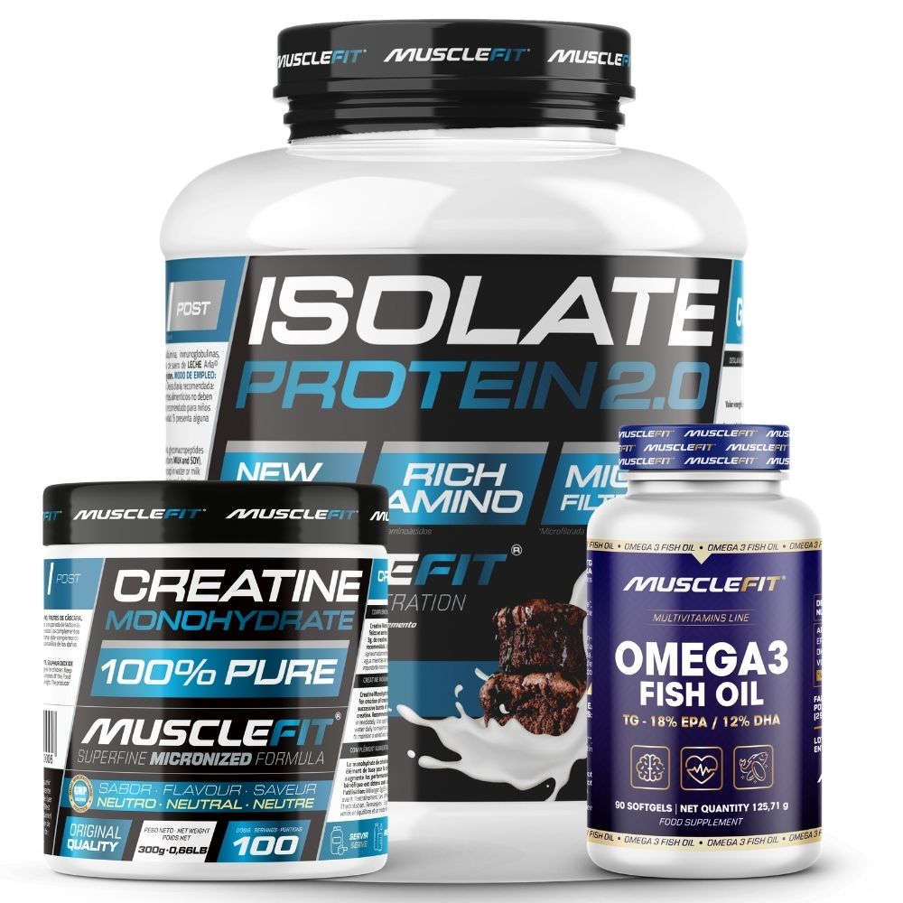 Pack Proteína ISO 2kg + Creatina 300g + Omega 3 90cáps - Musclefit | Avance Muscular