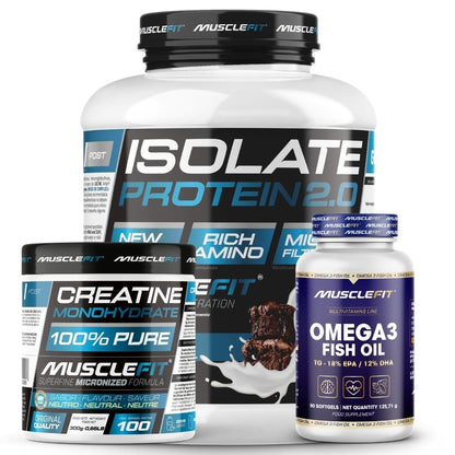 Pack Proteína ISO 2kg + Creatina 300g + Omega 3 90cáps - Musclefit | Avance Muscular