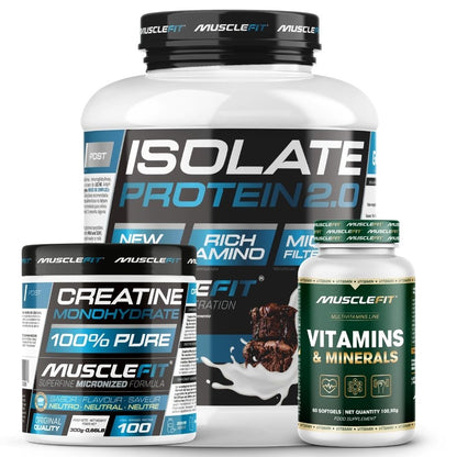 Pack ISOLATE 2kg + Creatina 300g + Multivitaminas 60 cáps - MuscleFit │ Avance Muscular