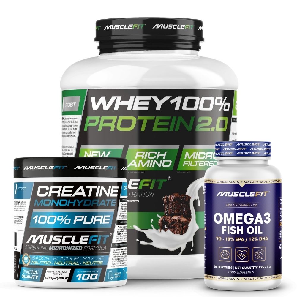 Pack Proteína WHEY 2kg + Creatina 300g + Omega 3 90cáps - Musclefit | Avance Muscular
