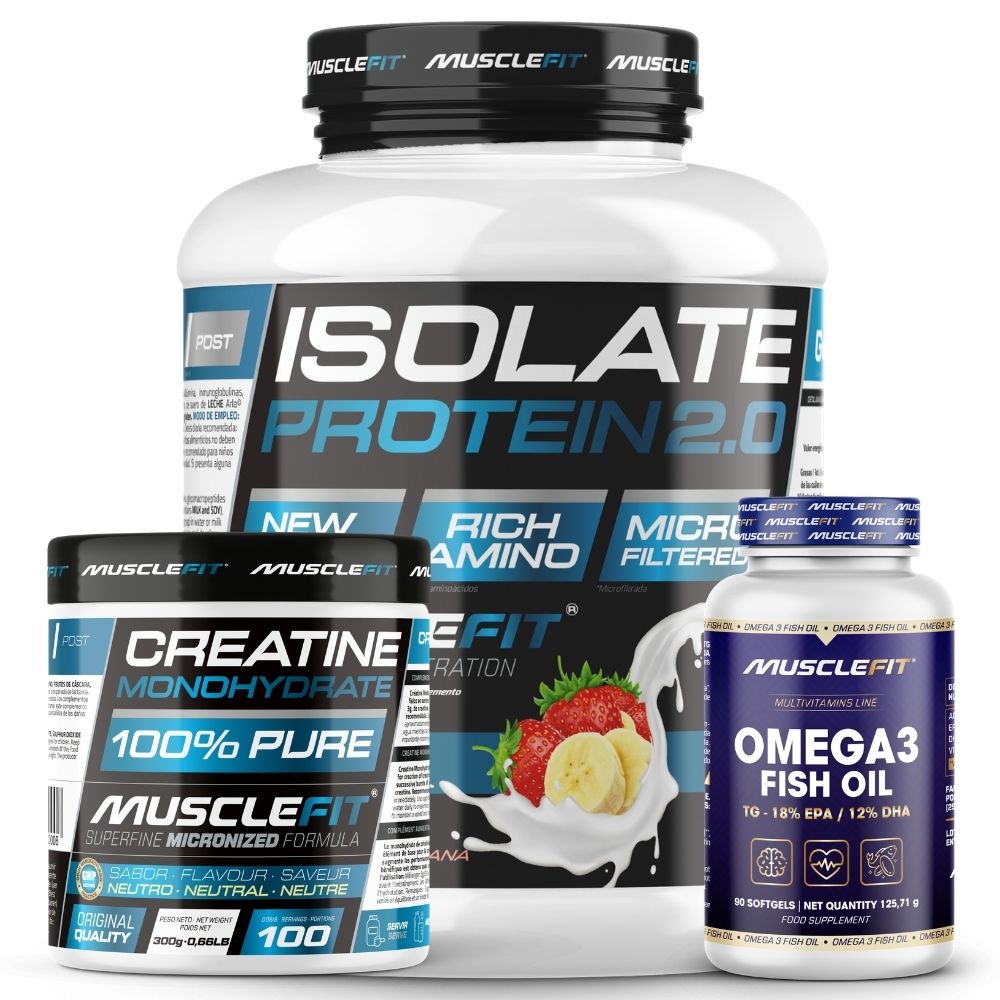 Pack Proteína ISO 2kg + Creatina 300g + Omega 3 90cáps - Musclefit | Avance Muscular