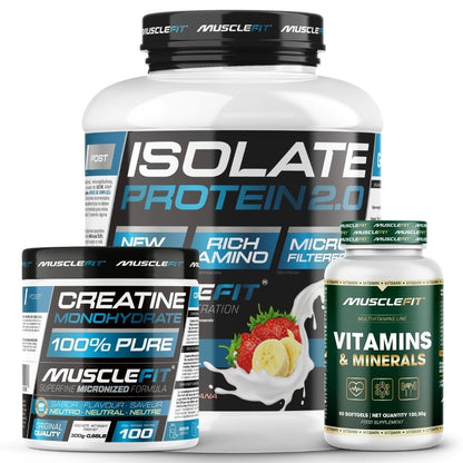 Pack ISOLATE 2kg + Creatina 300g + Multivitaminas 60 cáps - MuscleFit │ Avance Muscular