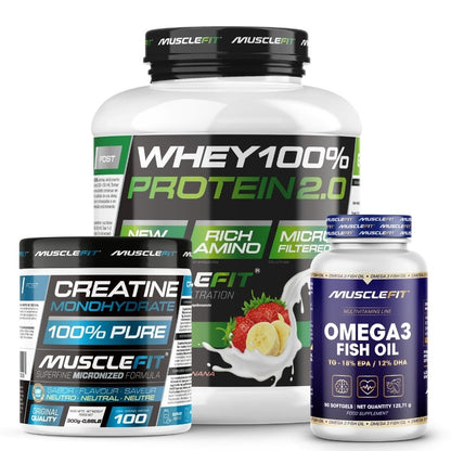 Pack Proteína WHEY 2kg + Creatina 300g + Omega 3 90cáps - Musclefit | Avance Muscular