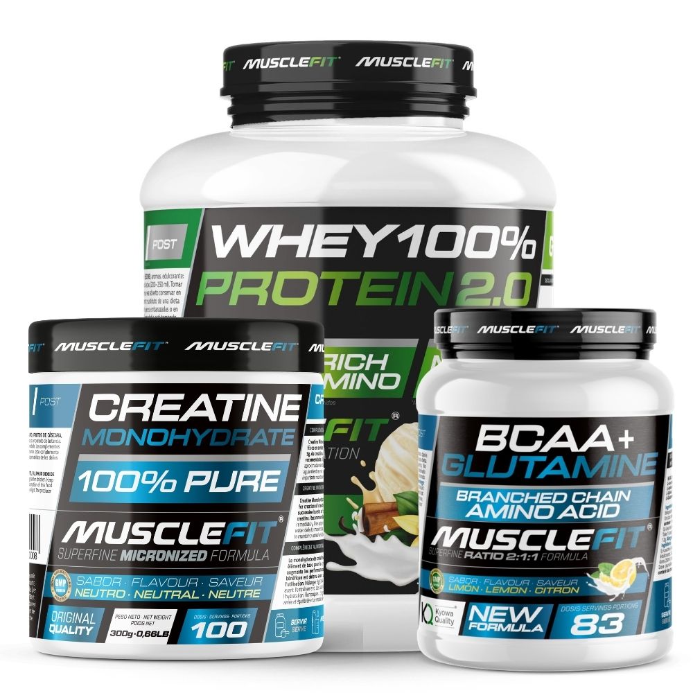 ¡Pack Ahorro! Proteína Whey 2kg + Creatina Monohidrato 300g + Glutamina + BCAA 500g (sabor) - MuscleFit