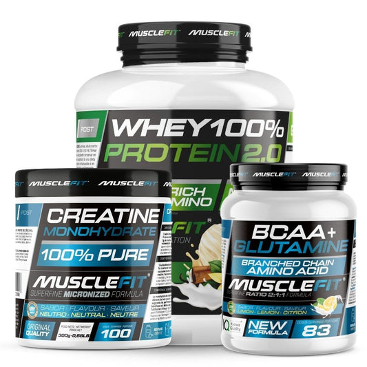 ¡Pack Ahorro! Proteína Whey 2kg + Creatina Monohidrato 300g + Glutamina + BCAA 500g (sabor) - MuscleFit