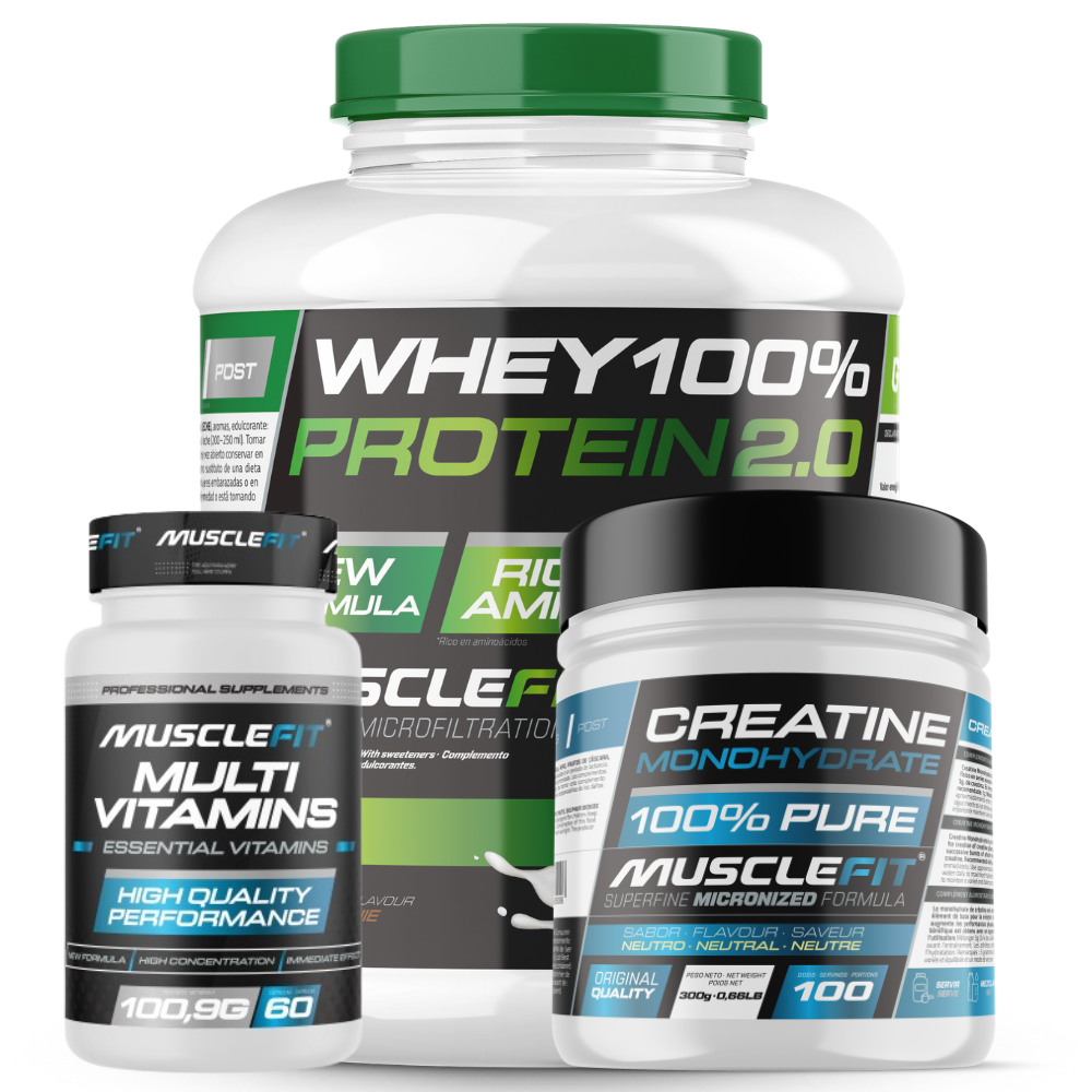 Pack MuscleFit Whey 2kg + Creatina + Multivitaminas | Rendimiento total