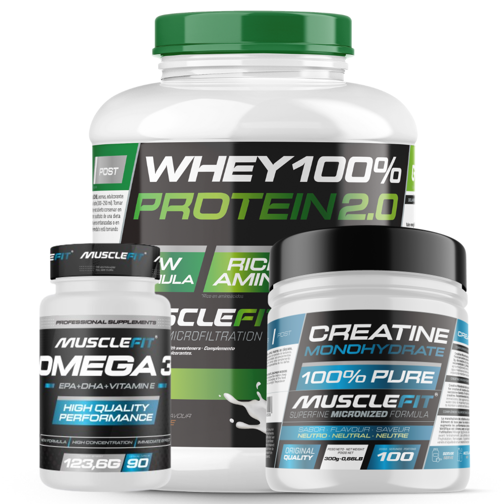Pack Whey 2kg + Creatina + Omega 3 MuscleFit | Masa y salud muscular
