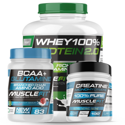 Pack Whey 2kg + Creatina + Glutamina + BCAA MuscleFit | Sabor premium